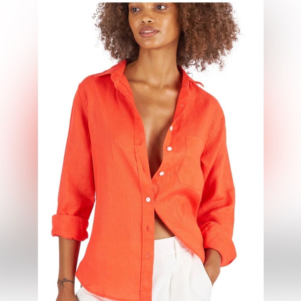 Renuar Coral Orange Pink women woven linen-blend blouse Medium 3/4 sleeve long
